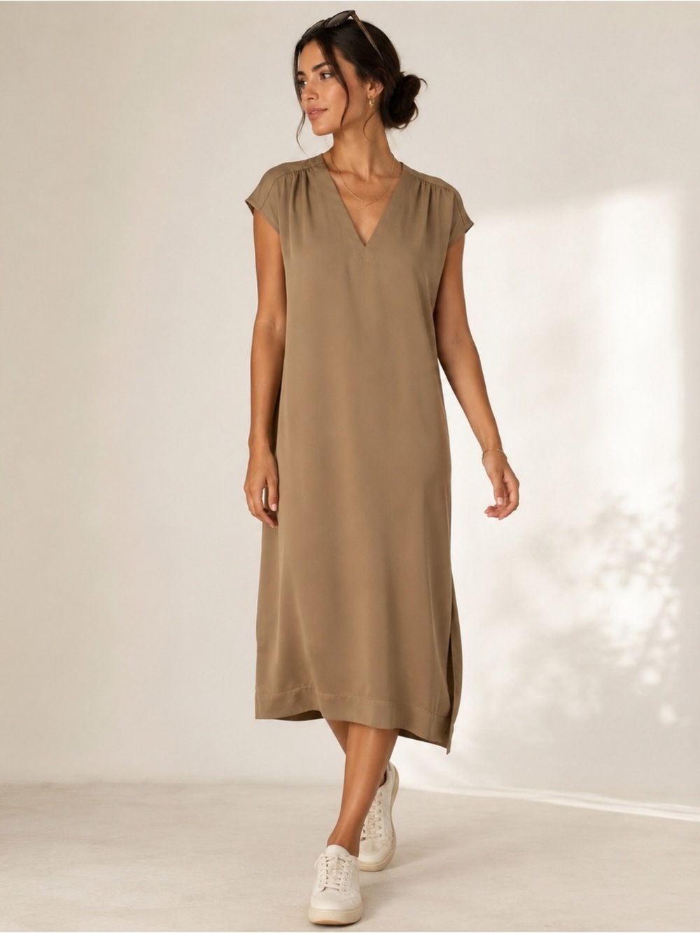 SSYS The Label | Light Mocha Midi Shift Dress V Neck Cap Sleeve Minimalist Small - Picture 1 of 10